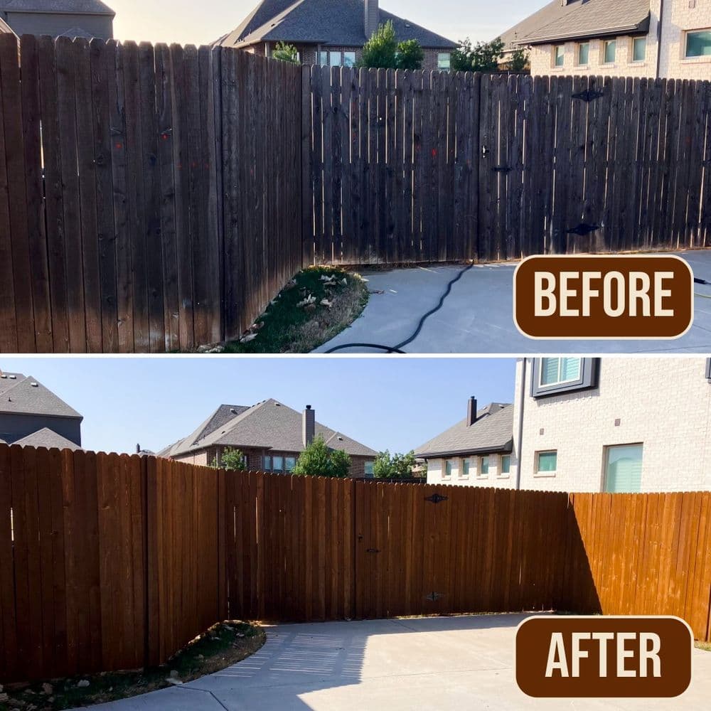 Before and after photos of a wooden fence renovation, showcasing a clean, stained finish.